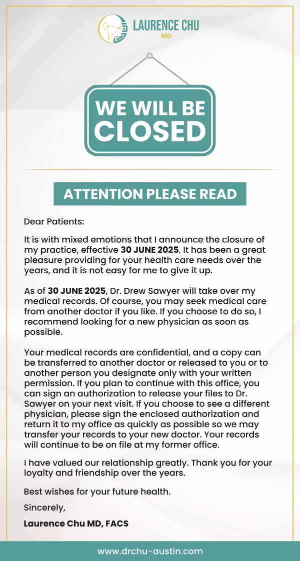 Clinic Closed for Dr. Laurence Chu, MD FACS, ENT Specialist in Austin, TX